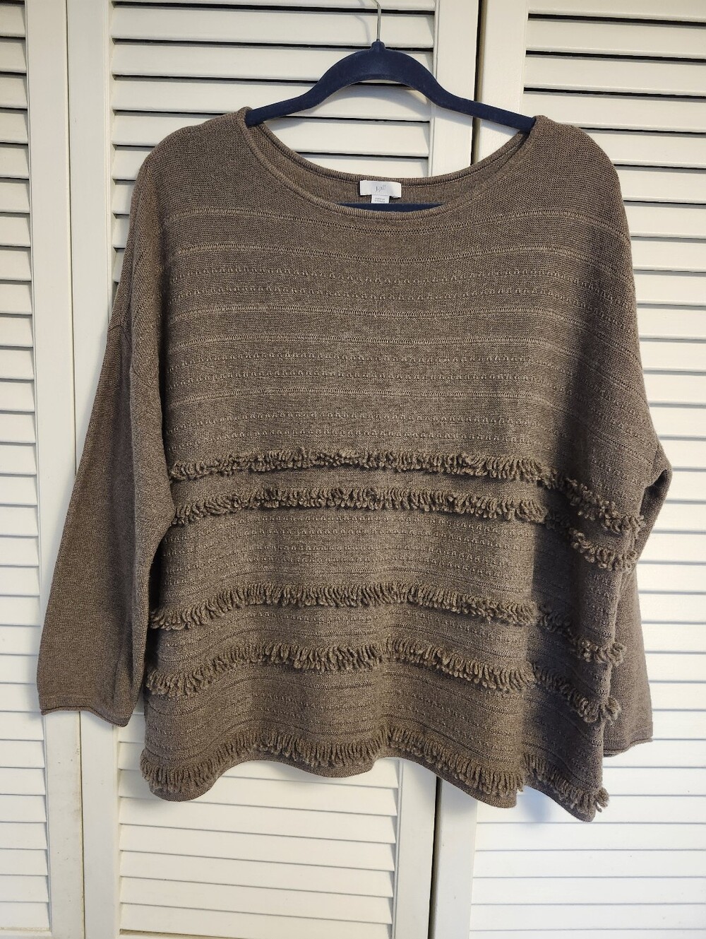 J.Jill  Faye Fringed Boatneck Oversized Sweater Mocha Heather New No Tag
